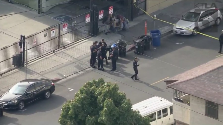 Police are searching for suspects after two juveniles were shot in the Pico-Union neighborhood on May 30, 2023. (KTLA)