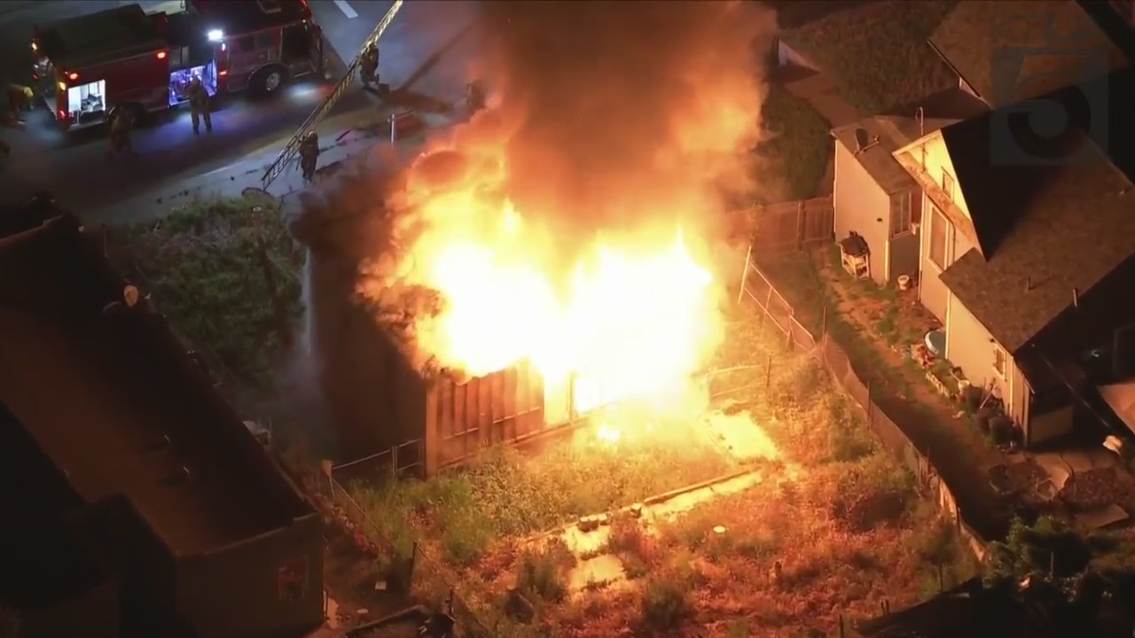 Los Angeles firefighters battled a massive house fire in Echo Park on May 5, 2023. (KTLA)