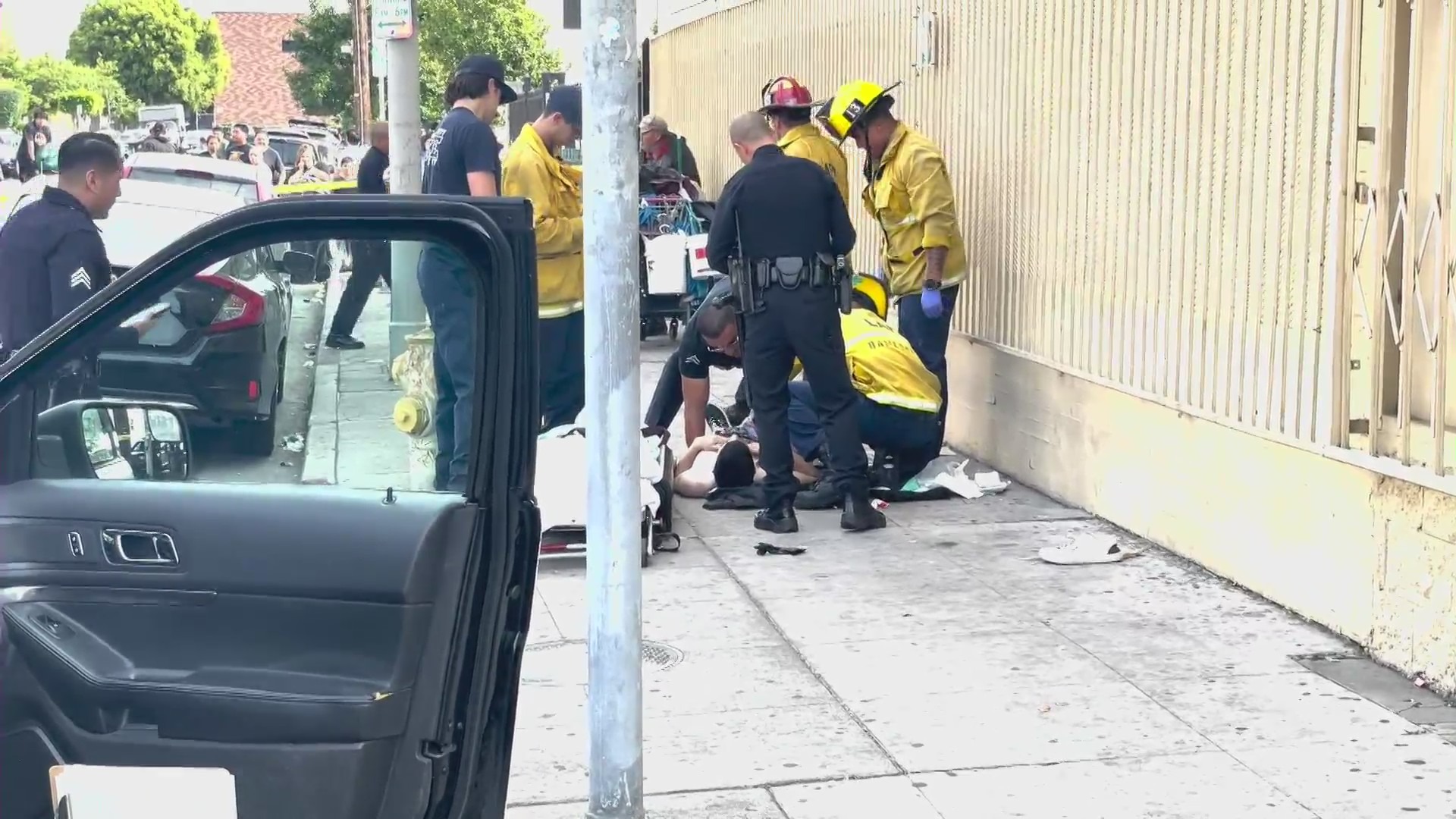 Police are searching for suspects after two juveniles were shot in the Pico-Union neighborhood on May 30, 2023. (KTLA)