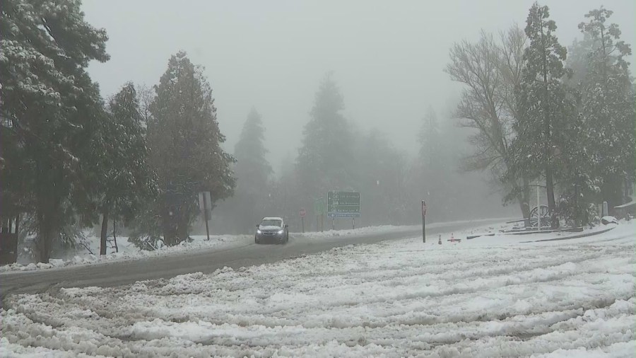 Springtime snowfall blankets Running Springs in Southern California on May 4, 2023. (KTLA)