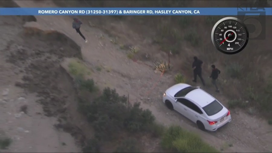 A group of robbery suspects were caught after a high-speed chase through Los Angeles County on May 26, 2023. (KTLA)