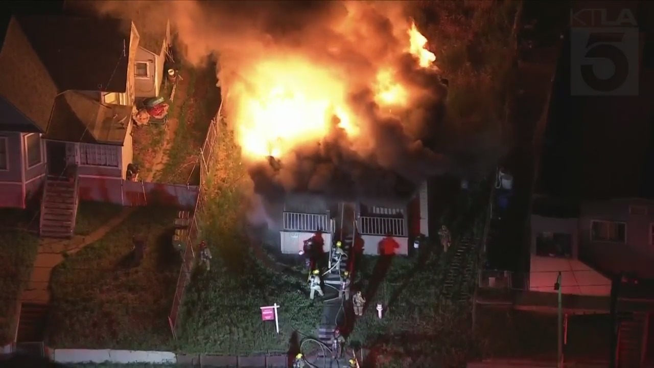 Los Angeles firefighters battled a massive house fire in Echo Park on May 5, 2023. (KTLA)