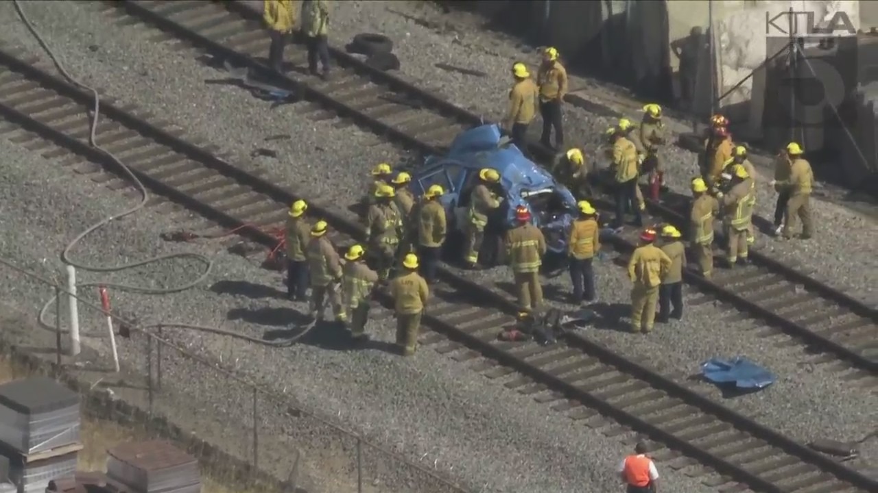 One person was killed after a Metrolink train crashed into a vehicle in Sun Valley on May 16, 2023. (KTLA)