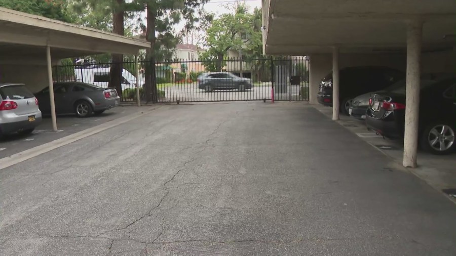 Parking lot where a Bentley driver was targeted and shot at by an armed robber in Sherman Oaks on May 10, 2023. (KTLA)