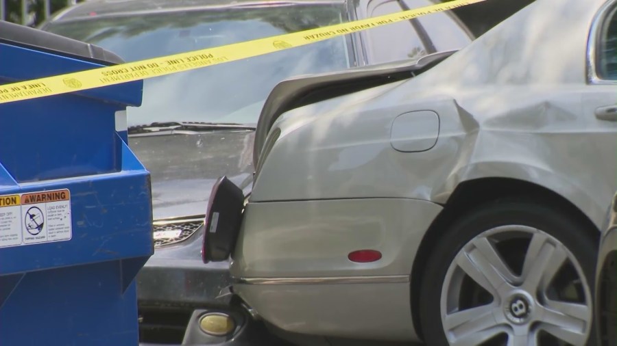 A Bentley driver was targeted and shot at by an armed robber in Sherman Oaks on May 10, 2023. (KTLA)