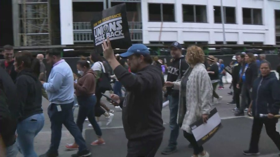 Thousands gathered for a rally in support of the ongoing Writers Guild of America strike in downtown Los Angeles on May 26, 2023. (KTLA)