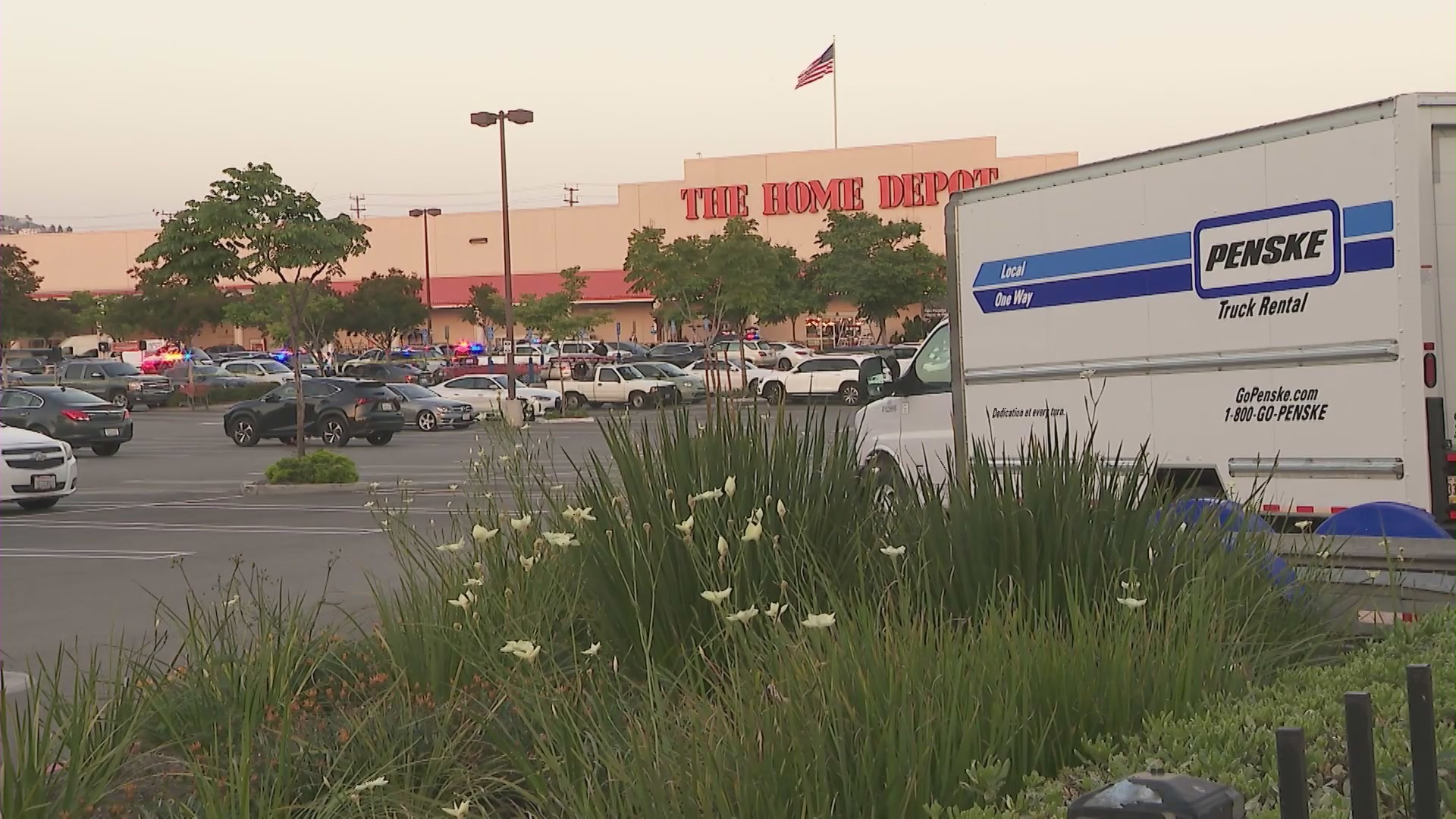 A suspect was shot and killed by officers after he allegedly threatened customers at a Burbank Home Depot on May 27, 2023. (KTLA)