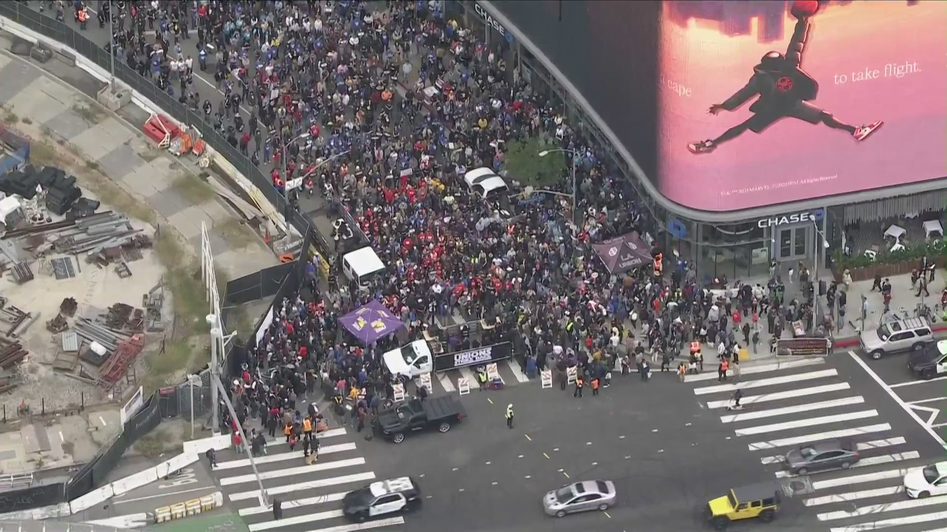 Thousands gathered for a rally in support of the ongoing Writers Guild of America strike in downtown Los Angeles on May 26, 2023. (KTLA)