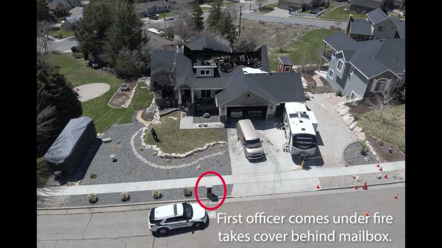 Aerial footage shows the burned remains of the home belonging to Scott and Jodi Roberts. (Weber County Attorney's Office)