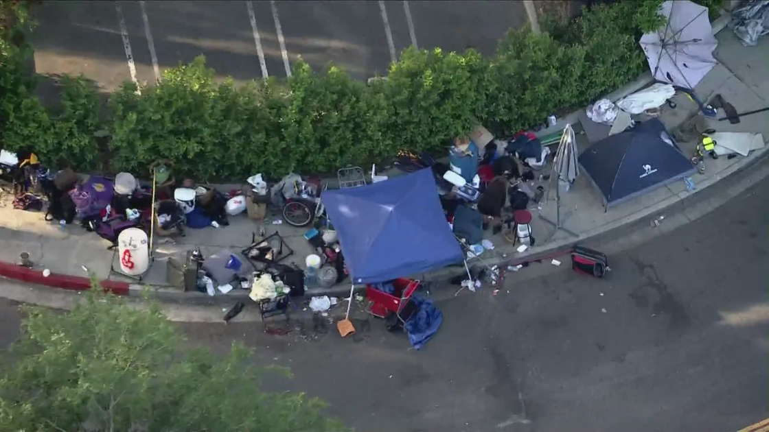 A homeless encampment in Woodland Hills is now part of the Los Angeles City Council's anti-camping law. (KTLA)