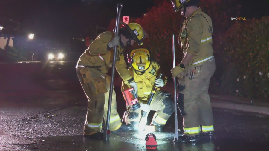 Los Angeles Fire Department firefighters respond to a sheared fire hydrant in Sherman Oaks on May 9, 2023. (RMG News)