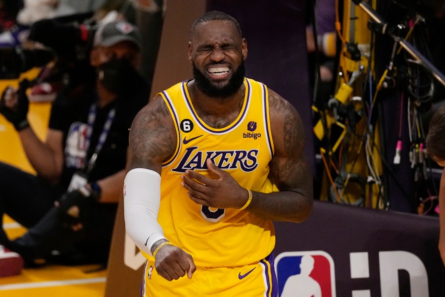 Los Angeles Lakers forward LeBron James reacts after being fouled in the second half of Game 4 of the NBA basketball Western Conference Final series against the Denver Nuggets Monday, May 22, 2023, in Los Angeles. (AP Photo/Mark J. Terrill)