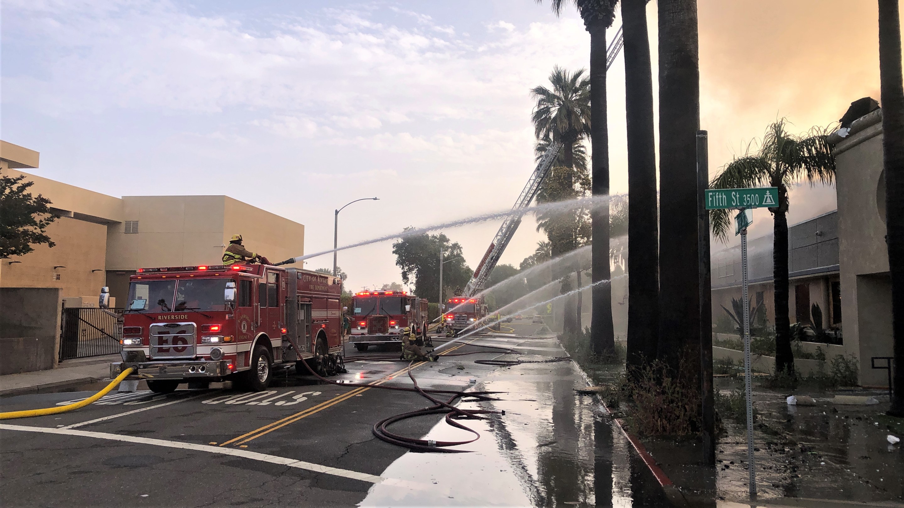 Two men were arrested for allegedly setting fire to a city-owned building in Riverside, causing millions of dollars in damages. (Riverside Fire Department)