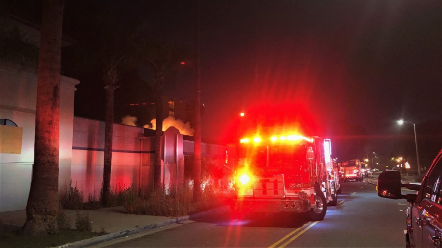 Two men were arrested for allegedly setting fire to a city-owned building in Riverside, causing millions of dollars in damages. (Riverside Fire Department)