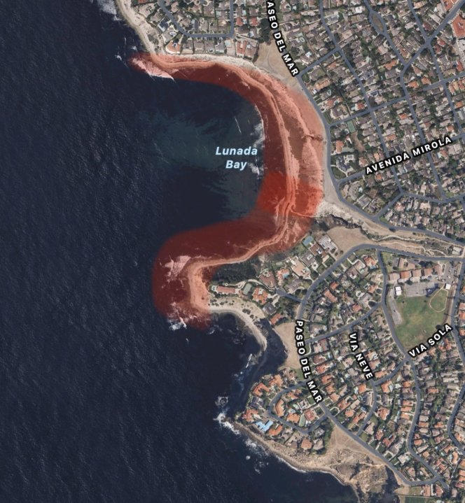 Closures from a sewage spill are in effect for 3 ⁄ 4 miles both north and south of the Aqua Amarga Creek opening into Lunada Bay on June 9, 2023. (Los Angeles County Fire Department, Lifeguard Division)