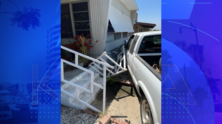 An allegedly stolen pickup crashed into a mobile home on June 3, 2023. (San Bernardino County Sheriff's Department)