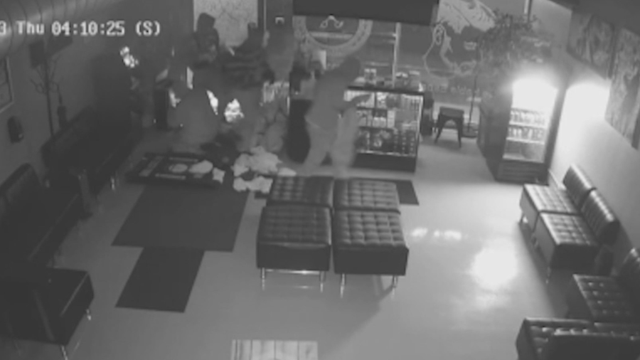 Surveillance video of a group of smash-and-grab thieves ransacking Modern Barber Room on June 15, 2023. (Modern Barber Room)