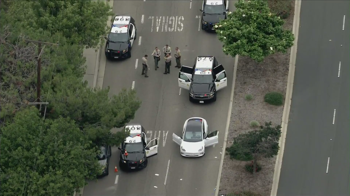 Los Angeles County Sheriff's Department officials respond to a deputy-involved shooting in Diamond Bar on June 19, 2023. (KTLA)