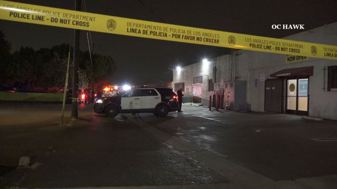 A man was killed after gunfire erupted outside of a business complex in North Hollywood on June 10, 2023. (OC Hawk)