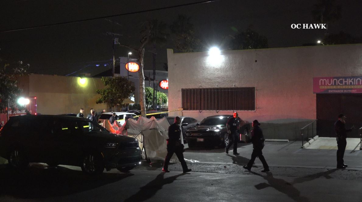 A man was killed after gunfire erupted outside of a business complex in North Hollywood on June 10, 2023. (OC Hawk)