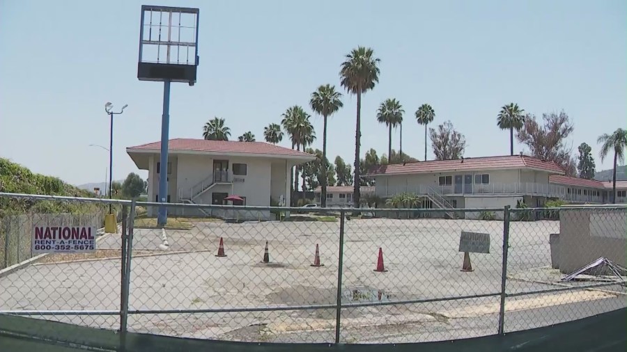 Protestors opposed to a new Project Homekey site transforming a Motel 6 into housing for homeless individuals in Hacienda Heights on June 28, 2023.