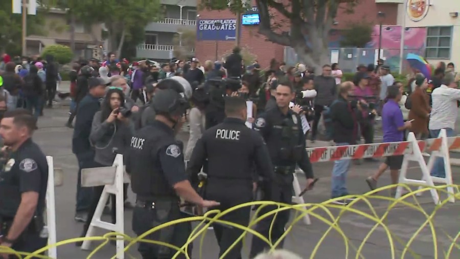 Fights broke out amid a Glendale school board meeting on the inclusion of Pride curriculum on June 6, 2023. (KTLA)