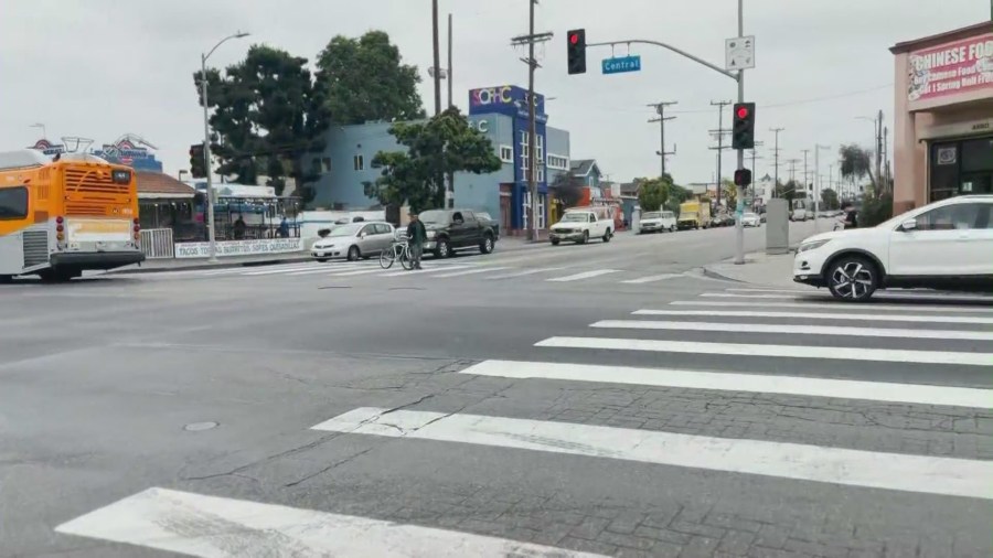 The intersection where Silvino Gomez was struck by a speeding hit-and-run driver in South L.A. on June 10, 2023. (KTLA)