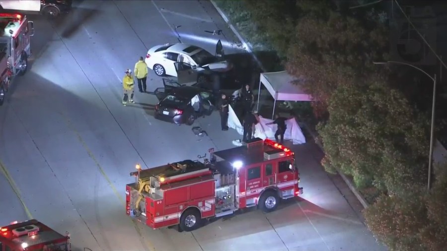 One person was killed and five others, including a toddler, were hospitalized after a violent head-on crash in Van Nuys on June 29, 2023. (KTLA)