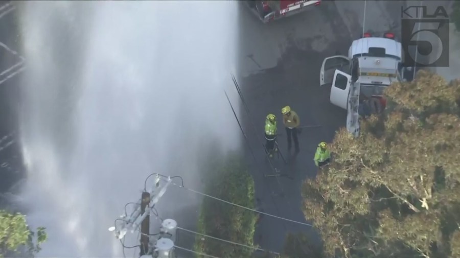 Firefighters responded to a school in Studio City flooded from a sheared hydrant leak on June 13, 2023. (KTLA)