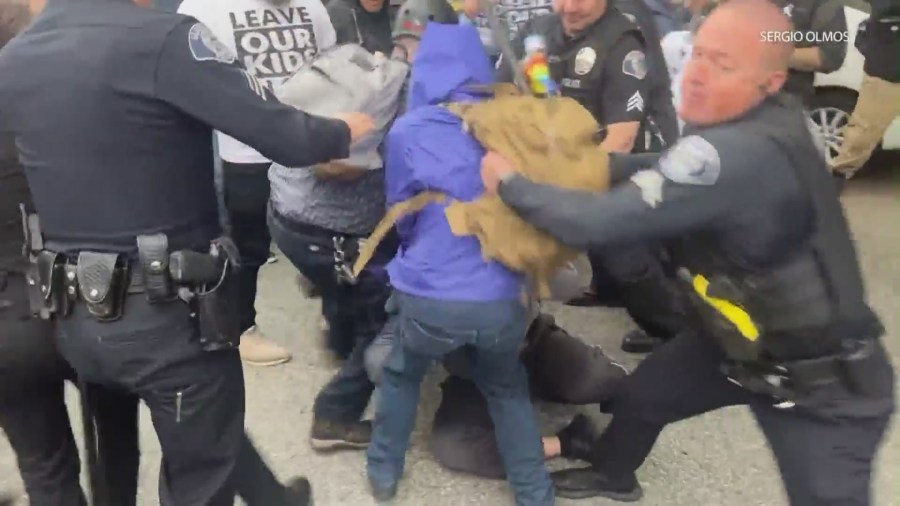 Fights broke out amid a Glendale school board meeting on the inclusion of Pride curriculum on June 6, 2023. (Sergio Olmos)