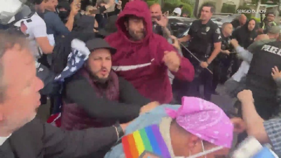 Fights broke out amid a Glendale school board meeting on the inclusion of Pride curriculum on June 6, 2023. (Sergio Olmos)