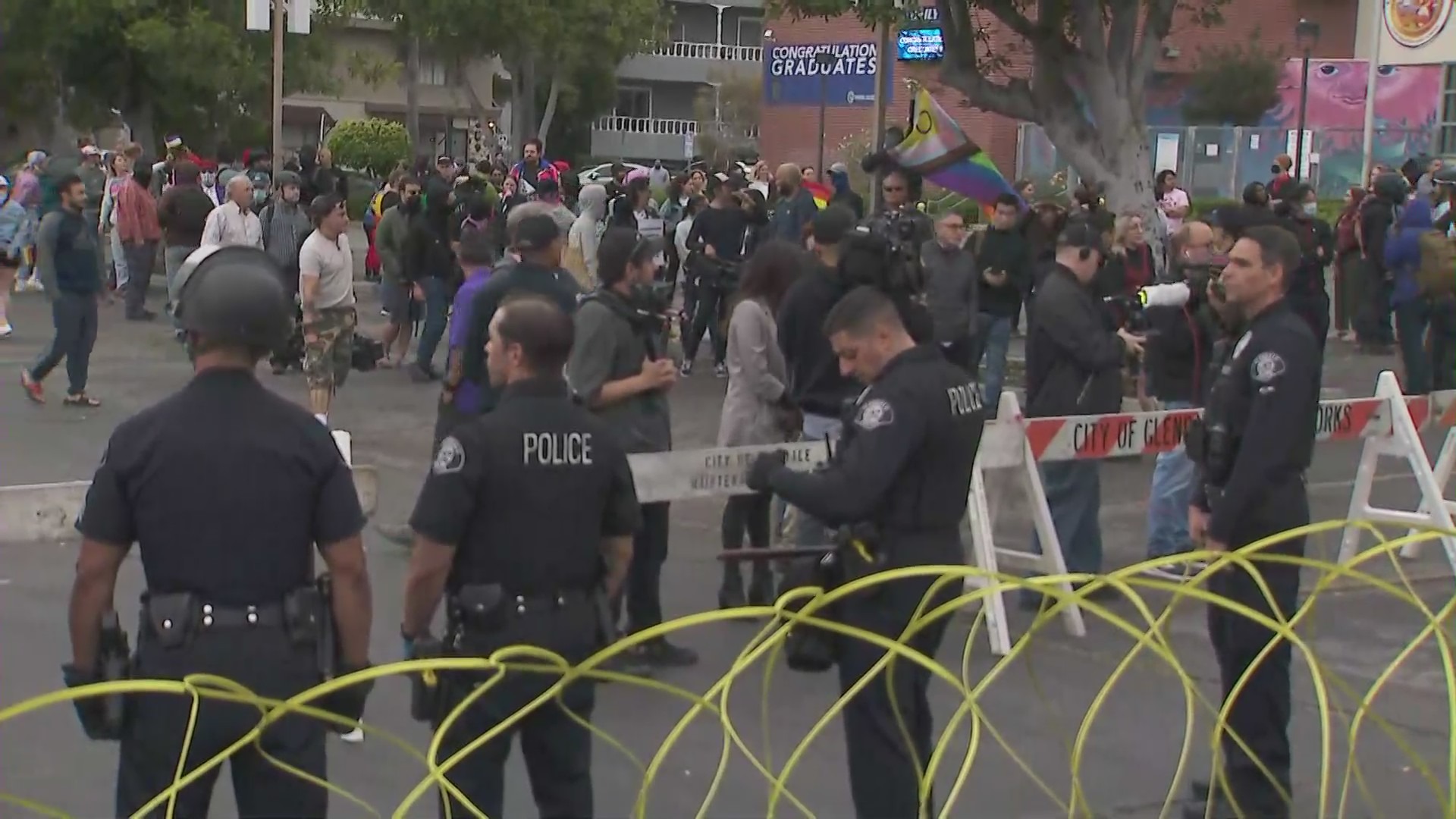 Fights broke out amid a Glendale school board meeting on the inclusion of Pride curriculum on June 6, 2023. (KTLA)