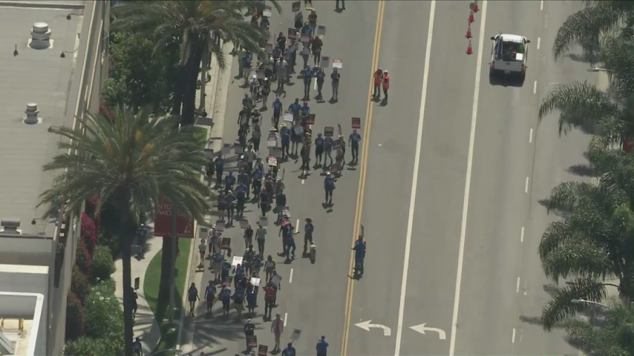 Demonstrators march in Central Los Angeles as the WGA strike reached its 50-day mark on June 21, 2023. (KTLA)