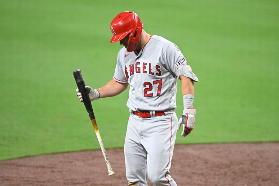 Los Angeles Angels' Mike Trout (27) leaves the game during the eighth inning of a baseball game against the San Diego Padres Monday, July 3, 2023, in San Diego. (AP Photo/Denis Poroy)