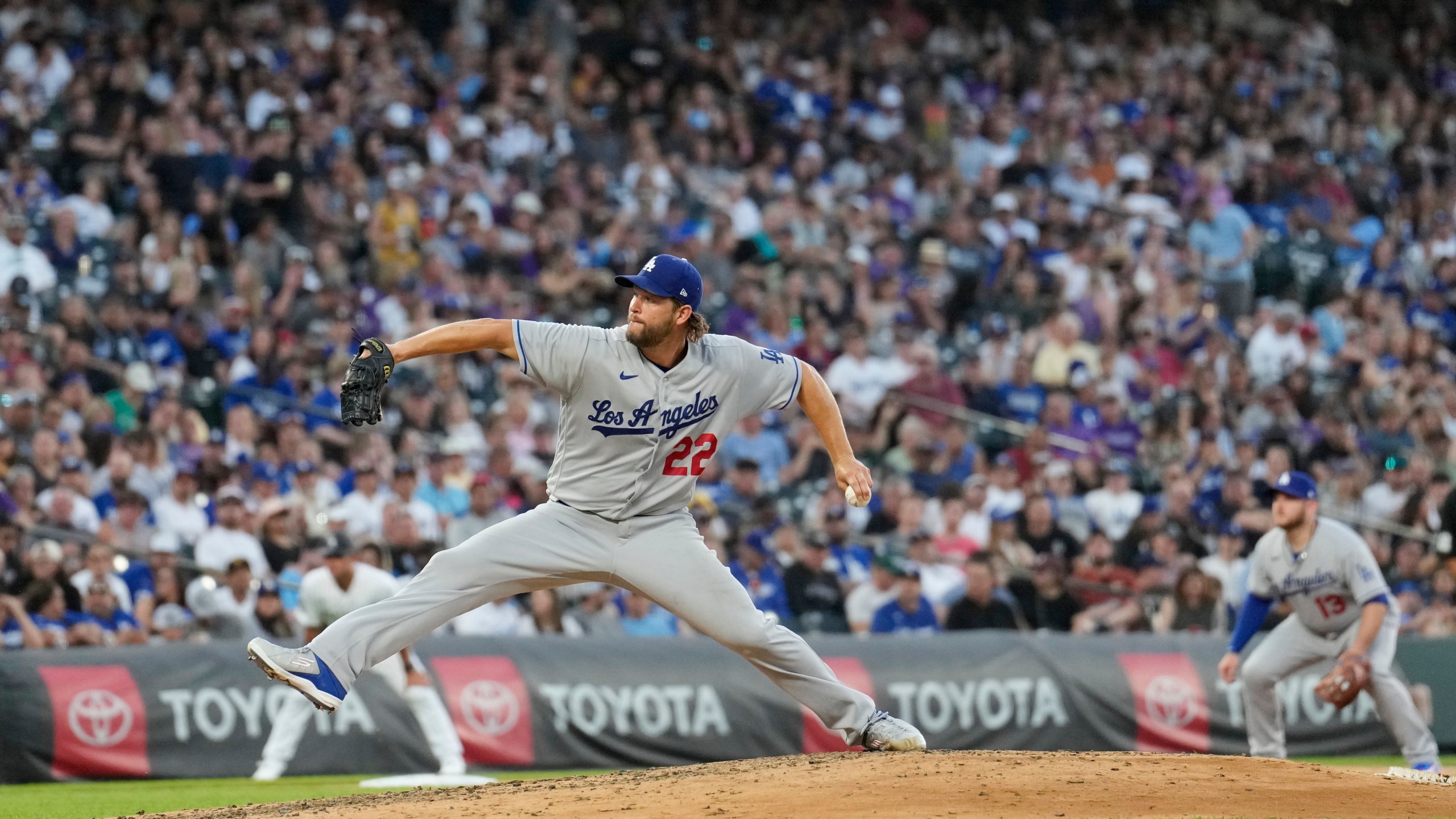 Los Angeles Dodgers starting pitcher Clayton Kershaw works in the sixth inning of a baseball game against the Colorado Rockies Tuesday, June 27, 2023, in Denver. (AP Photo/David Zalubowski)