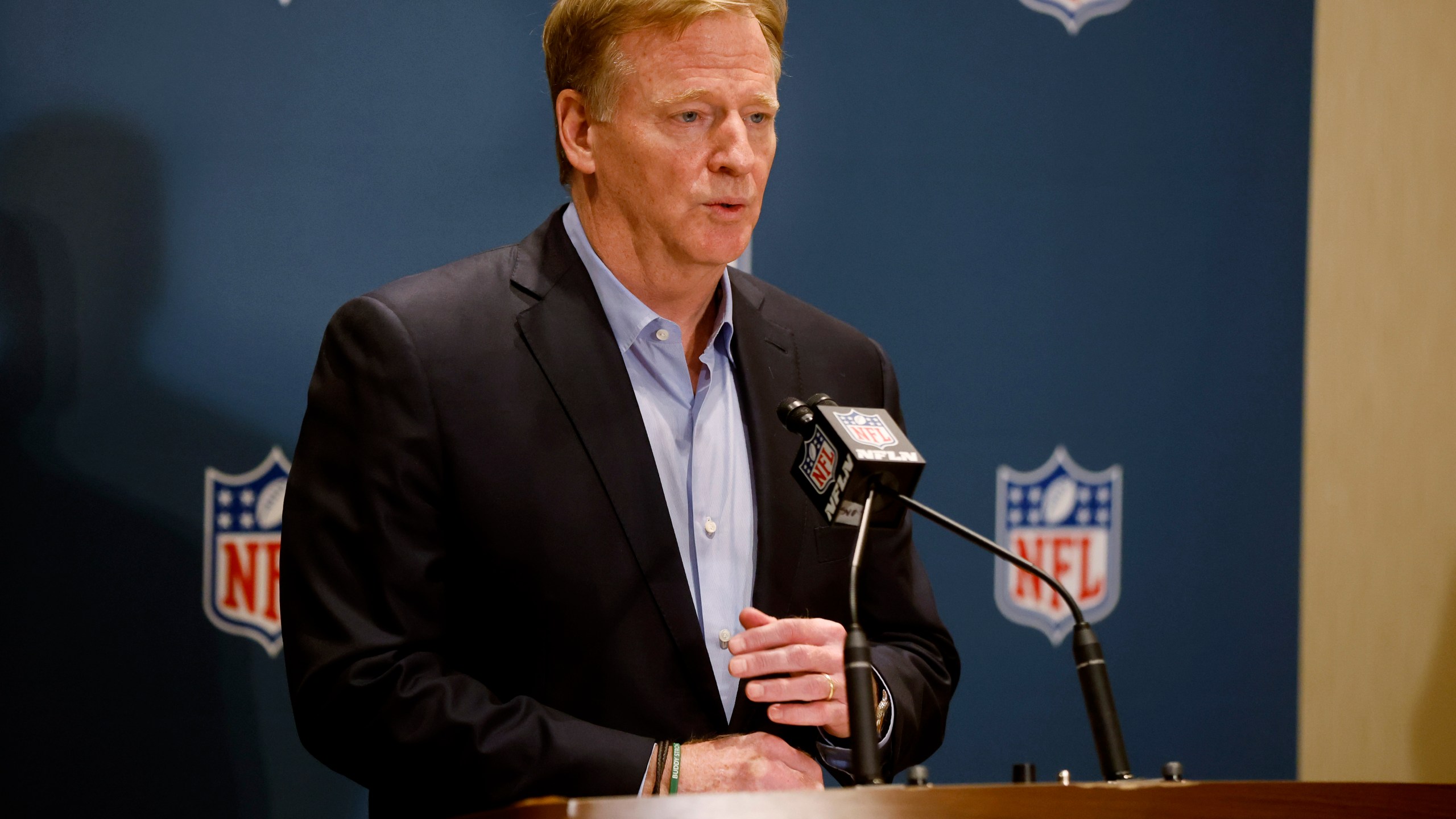 NFL Commissioner Roger Goodell talks with the media after NFL owners approved the sale of Washington Commanders, Thursday, July 20, 2023, in Bloomington Minn. (AP Photo/Bruce Kluckhohn)