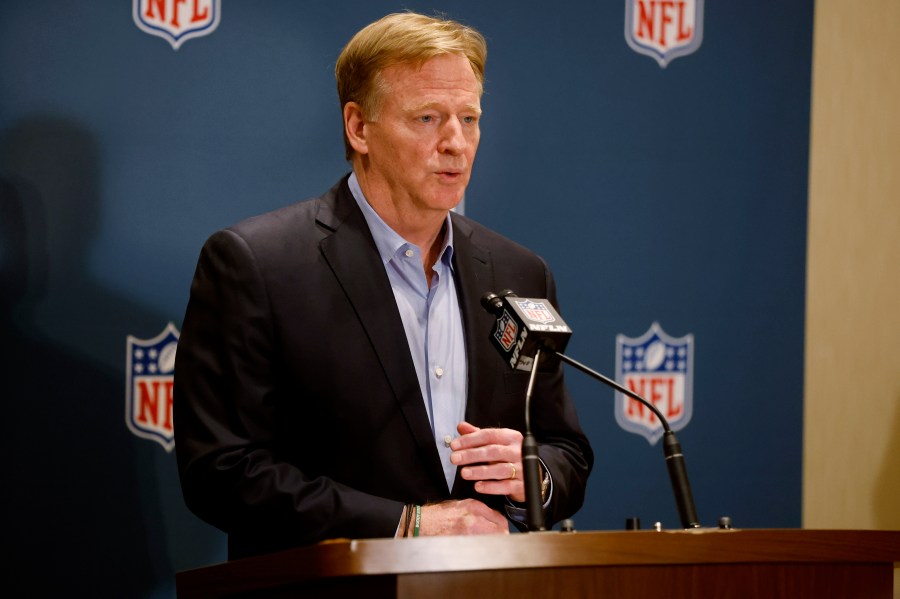 NFL Commissioner Roger Goodell talks with the media after NFL owners approved the sale of Washington Commanders, Thursday, July 20, 2023, in Bloomington Minn. (AP Photo/Bruce Kluckhohn)