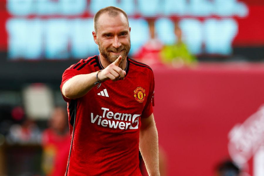 Christian Eriksen of Manchester United celebrates during a pre-season friendly match at MetLife Stadium on July 22, 2023 in East Rutherford, New Jersey. (Getty Images)