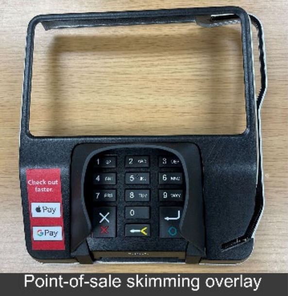 A point-of-sale machine with a skimming overlay that looks identical to the machine. (Ventura County District Attorney’