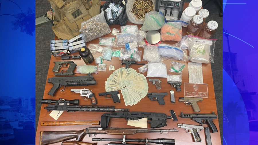 A stockpile of narcotics and stolen weapons were discovered in the home of a suspected distributor targeting Los Angeles and Ventura counties on June 28, 2023.