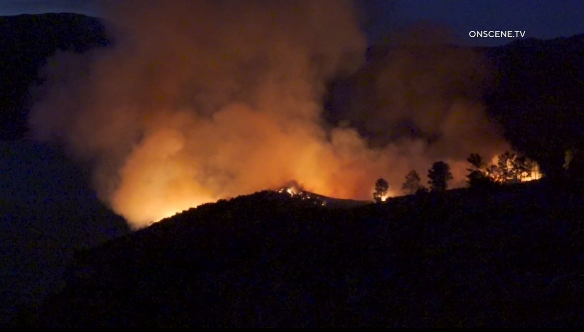 Firefighters work to extinguish the “Dry Fire,” as the flames continued spreading toward Castaic Lake on July 11, 2023. (OnScene.TV)