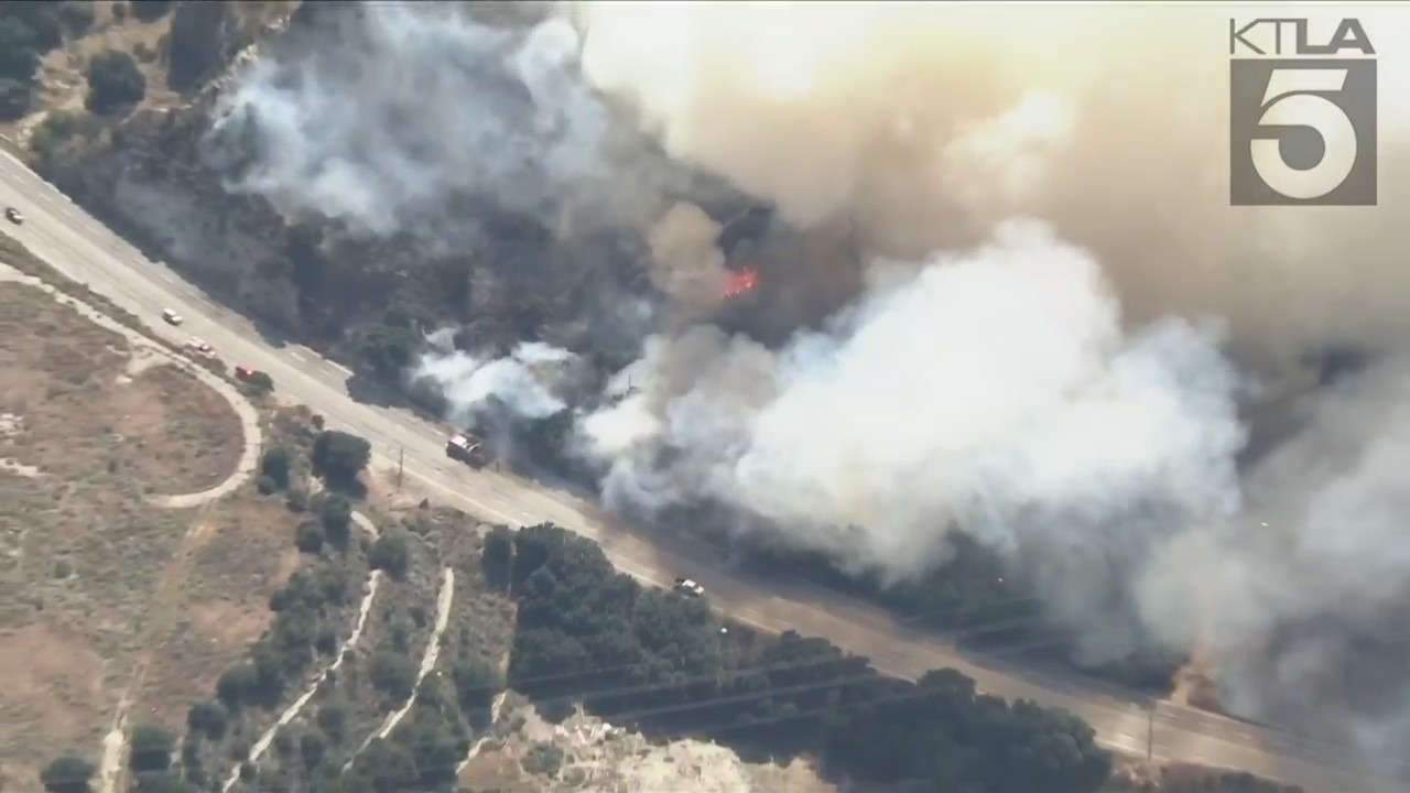 The Victor Fire broke out in Sylmar near the Newhall Pass area on July 25, 2023. (KTLA)