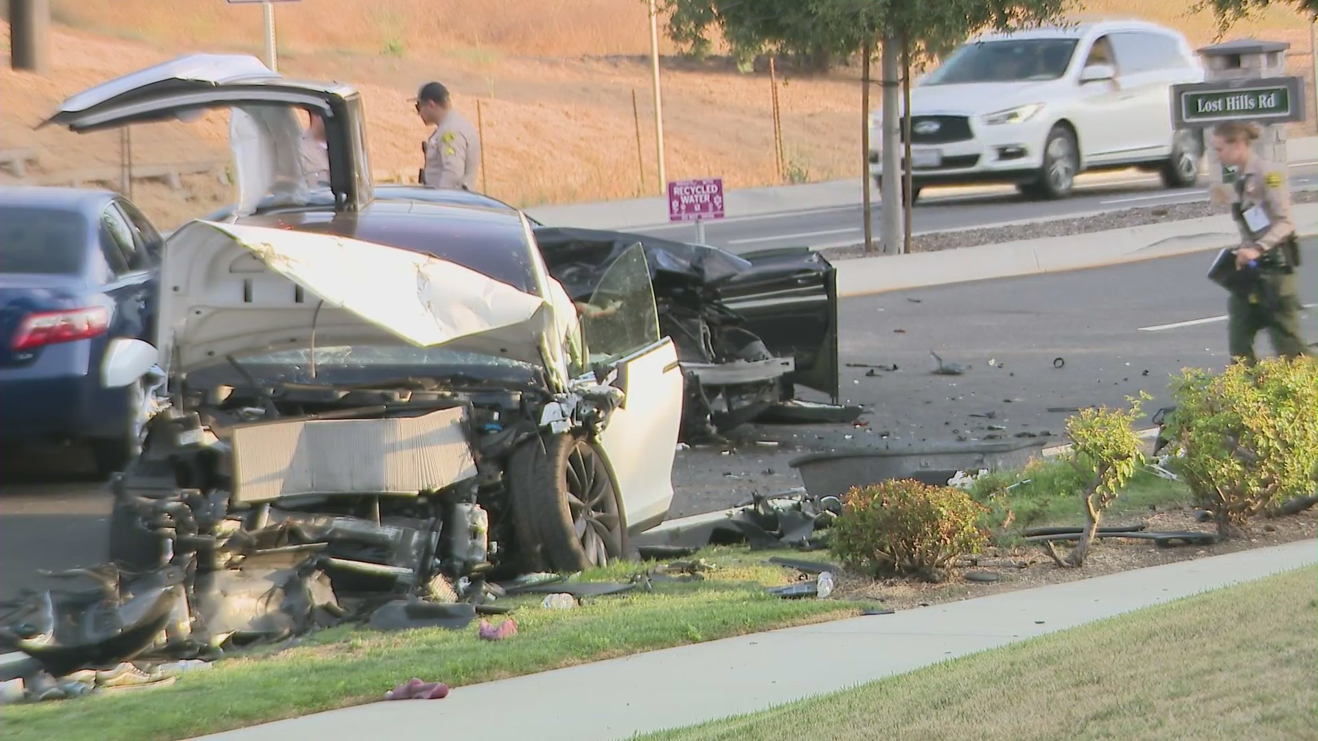 One person was killed and six others were hospitalized after a violent multi-vehicle crash in Calabasas on July 22, 2023. (KTLA)