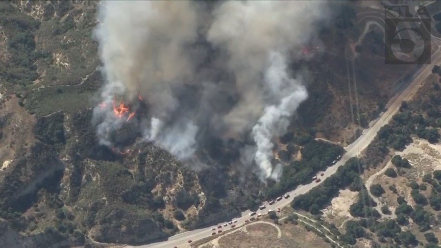 The Victor Fire broke out in Sylmar near the Newhall Pass area on July 25, 2023. (KTLA)