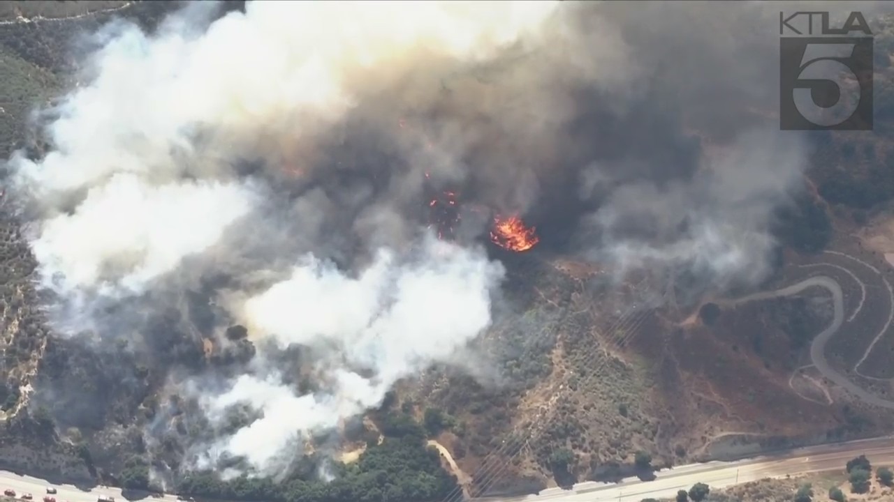 The Victor Fire broke out in Sylmar near the Newhall Pass area on July 25, 2023. (KTLA)