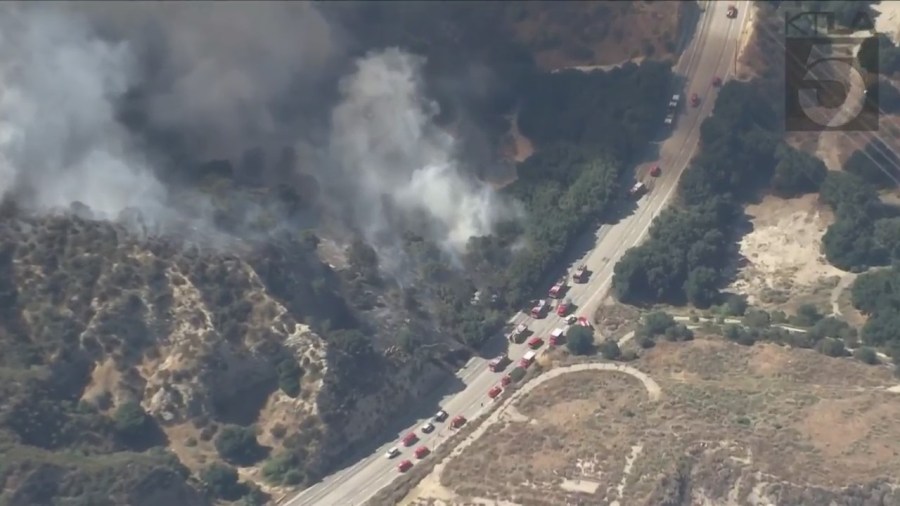 The Victor Fire broke out in Sylmar near the Newhall Pass area on July 25, 2023. (KTLA)