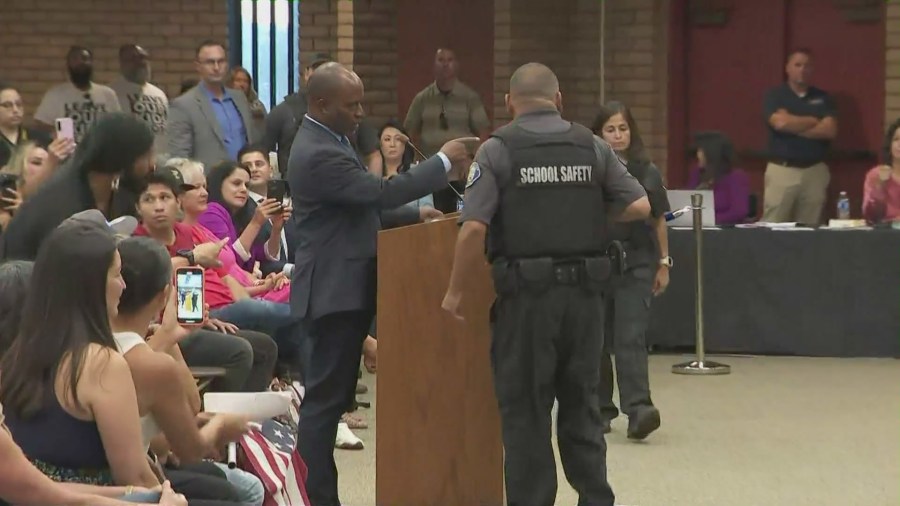 Tony Thurmond, State Superintendent of Public Instruction, spoke against the policy at a board meeting with the Chino Valley Unified School District on July 20, 2023. (KTLA)