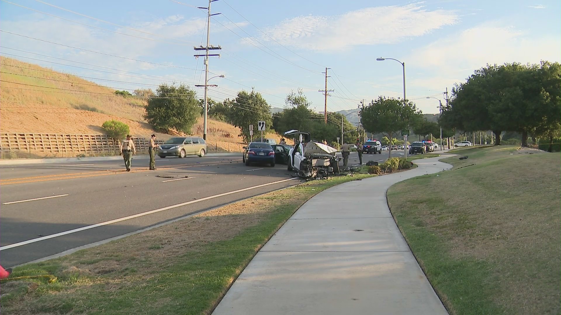 One person was killed and six others were hospitalized after a violent multi-vehicle crash in Calabasas on July 22, 2023. (KTLA)