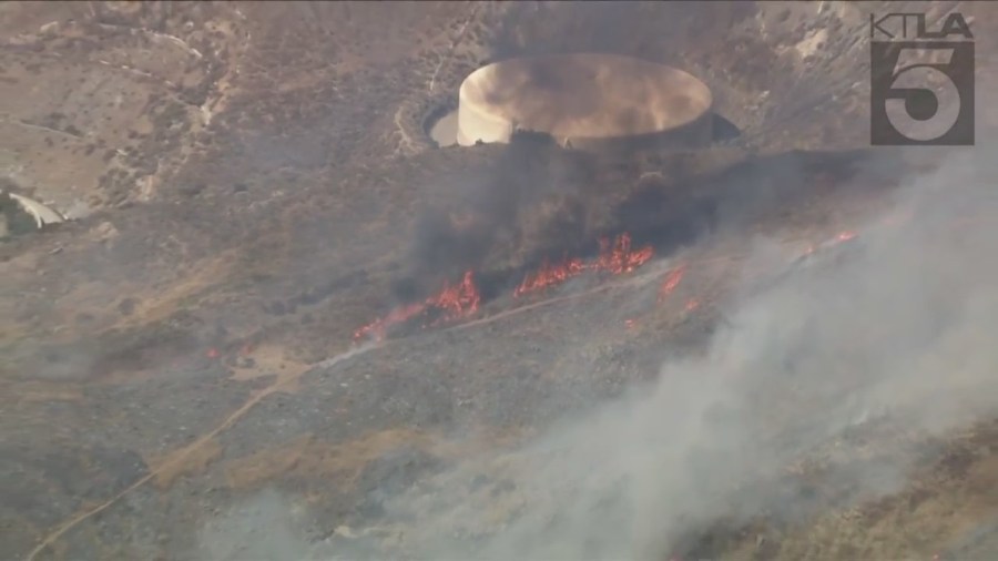 The fast-moving “Oak Fire” erupted in Jurupa Valley in Riverside County on July 19, 2023. (KTLA)