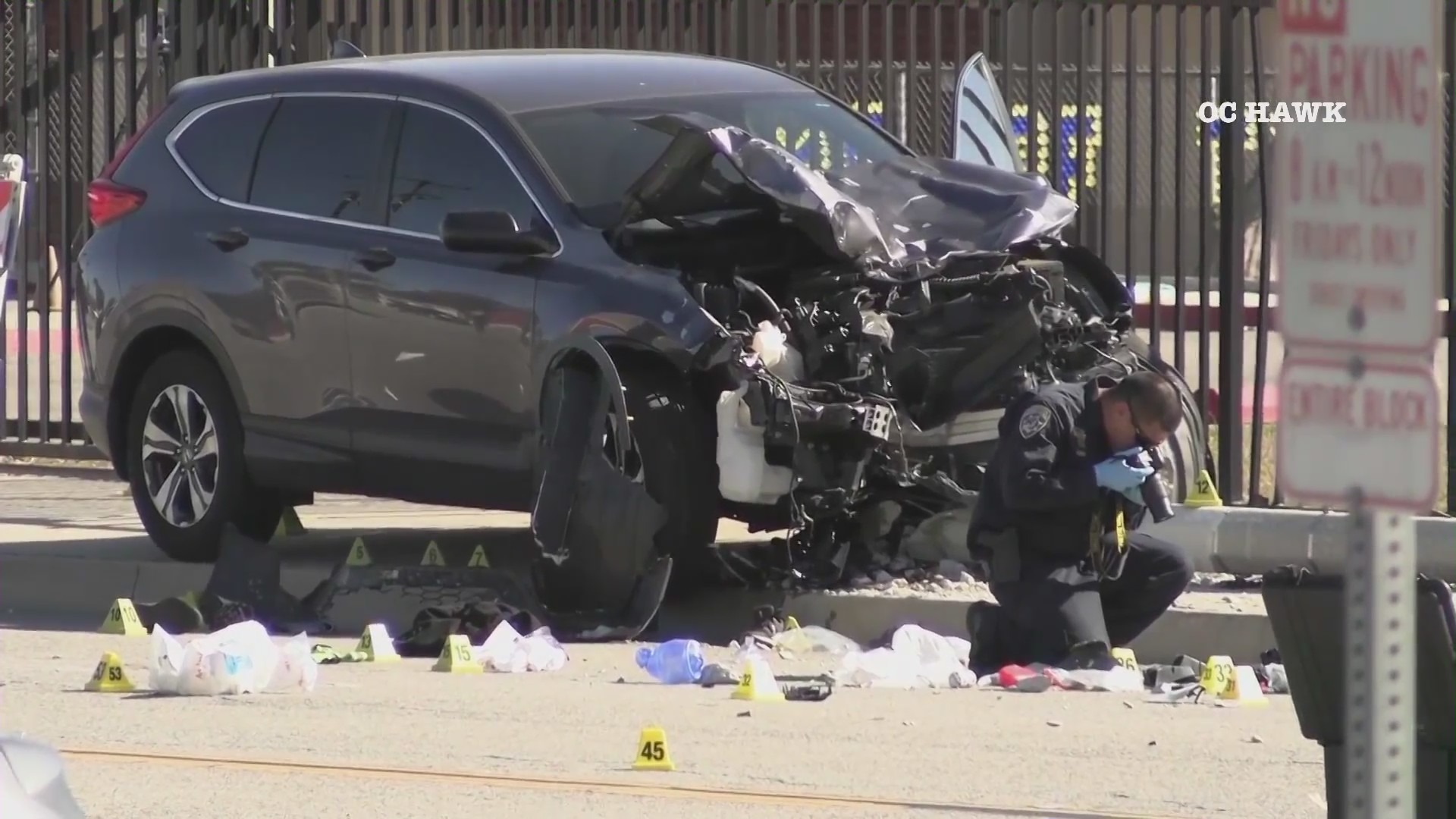 The suspect's SUV after crashing into 25 LASD cadets as they were jogging in South Whittier on Nov. 16, 2022. (OC Hawk)